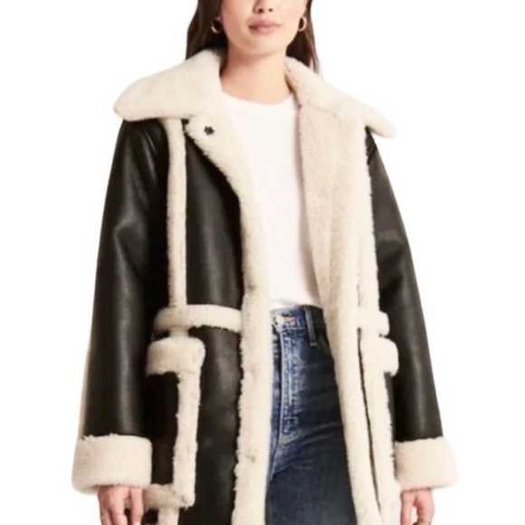 NWOT Abercrombie & Fitch Mid-length Vegan Leather & Shearling coat Women’s M - Picture 2 of 5